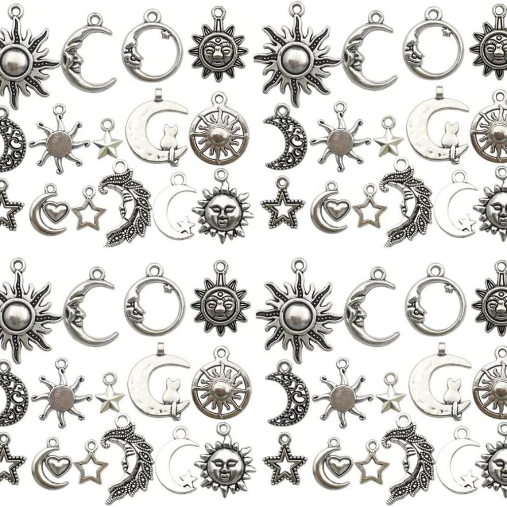 120pcs Antique Silver Sun Moon Star Charms for Jewelry Making Alloy Sun Moon Sta